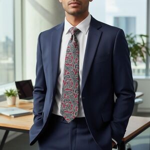 Mark Alexander Silk Tie Mens Red Navy Grey Classic Paisley Print Necktie 57"